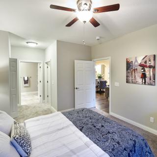 A modern bedroom with a ceiling fan, featuring stylish decor and comfortable bedding.