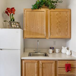 A small kitchen area with wooden cabinets, a white refrigerator, and countertop decor.