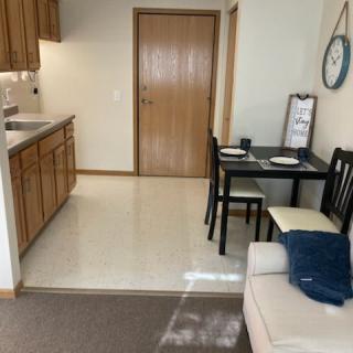 A cozy small apartment with an open kitchen, dining area, and living space.
