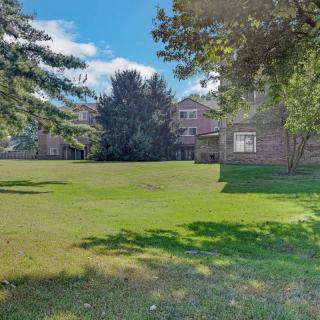 A sunny day view of a large lawn surrounded by trees and a building in the background.