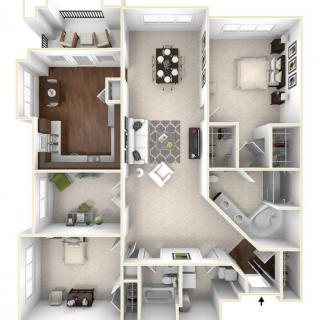A detailed 3D floor plan of a modern home, showcasing various rooms including a kitchen, dining area, living room, and bedrooms.