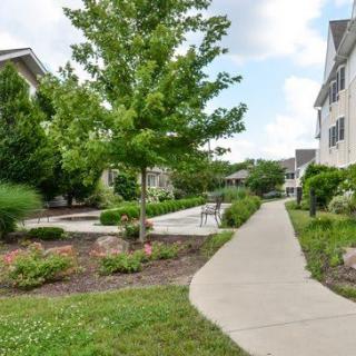 A peaceful residential area with a sidewalk and lush greenery.