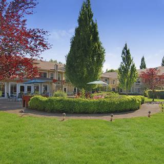 A beautifully landscaped garden with a lush lawn, surrounded by trees and a house in the background.