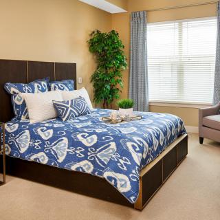 A well-decorated bedroom featuring a bed with blue patterned bedding, a plant, and natural light streaming through the window.