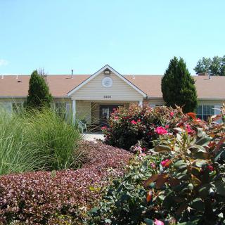 A well-maintained garden with various shrubs and flowers in front of a building under a clear blue sky.