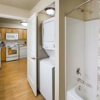 A view of a modern apartment showcasing a compact laundry area beside the shower and a glimpse of the kitchen in the background.
