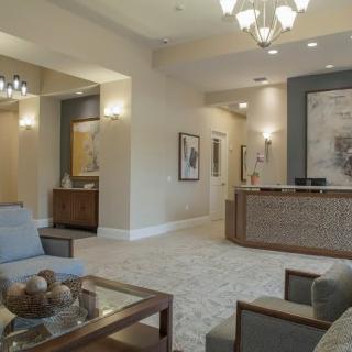 A modern lobby with comfortable seating and elegant decor.