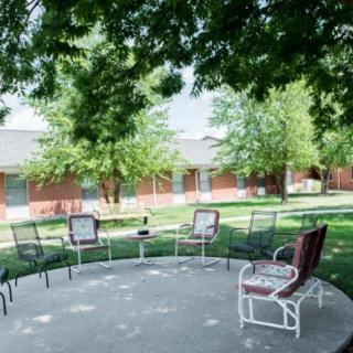 A peaceful outdoor patio area with chairs arranged under the shade of large trees.