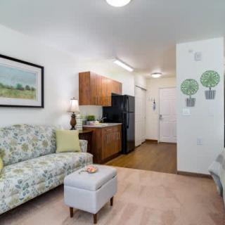 A cozy living room with a floral sofa, small kitchen area, and decorative elements.
