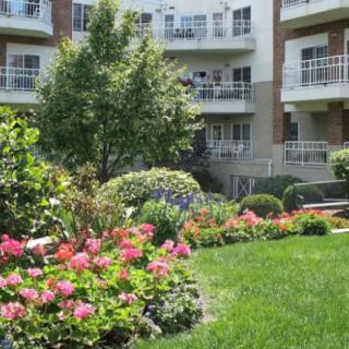 A beautifully landscaped garden with colorful flowers in front of an apartment building.
