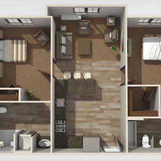 A 3D floor plan of a two-bedroom apartment with a central living area and kitchen.