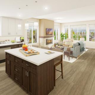 A modern open floor plan featuring a bright kitchen and cozy living area.