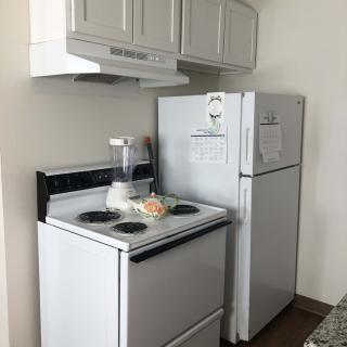A compact kitchen area featuring a stove, refrigerator, and a blender on the countertop.