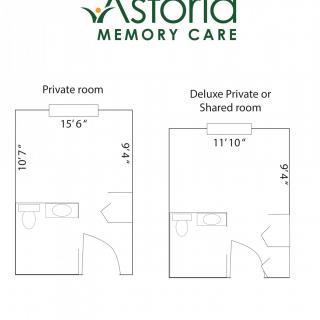 Floor plans for private and deluxe private/shared rooms at Astoria Memory Care.