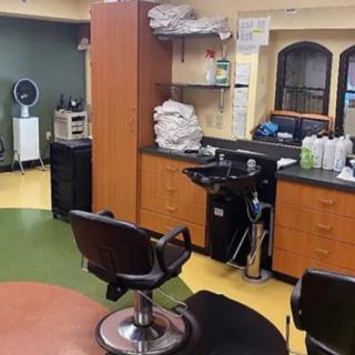 A well-equipped and organized hair salon interior with styling chairs, sinks, and salon equipment.
