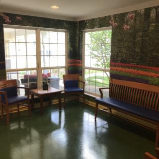 A cozy waiting room with chairs and a bench, illuminated by sunlight from large windows.