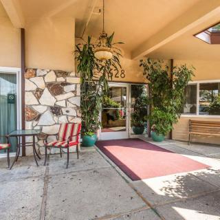 A welcoming entrance area with outdoor seating and potted plants.