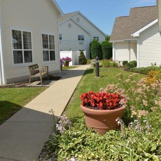 A landscaped garden with flower pots and a pathway between residential houses.