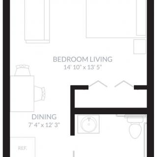 A compact apartment floor plan showing a combined bedroom and living area with an adjoining dining space.