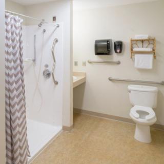 A modern, accessible bathroom with a walk-in shower and grab bars.