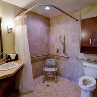 An accessible bathroom equipped with a shower chair and safety bars.