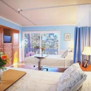 A bright and modern bedroom with two double beds, wooden furniture, and large windows allowing in natural light.
