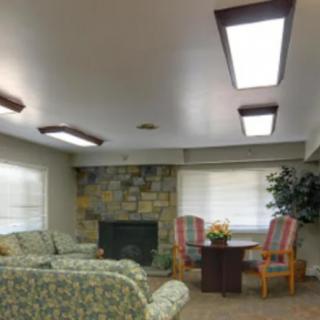 A cozy living room with a fireplace, sofas, and chairs under ceiling lights.
