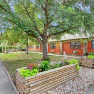 A serene outdoor area featuring planter boxes with lush greenery, set beside a pathway and building.