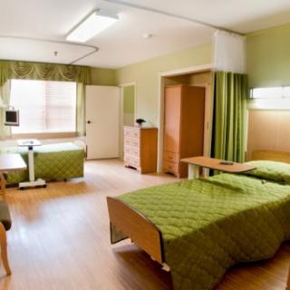 A clean and organized hospital room with green decor, featuring two beds and furniture for patient care.