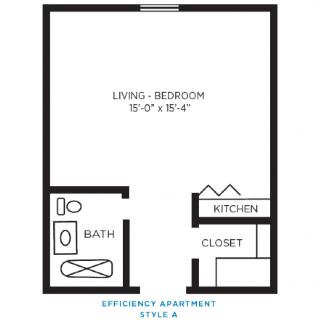 Floor plan of an efficiency apartment with living-bedroom, bath, kitchen, and closet.