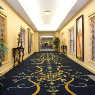 A beautifully decorated hallway with an ornate carpet and framed artwork on the walls.