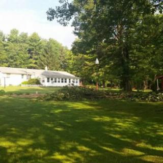 A quaint house surrounded by a lush green lawn and tall trees under the sunlight.