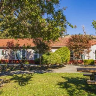 A sunny day in a garden with a building surrounded by trees and benches.