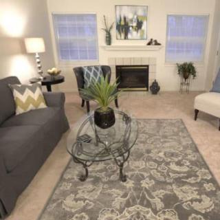 A cozy living room with modern decor, featuring a sofa, coffee table, and a decorative fireplace.