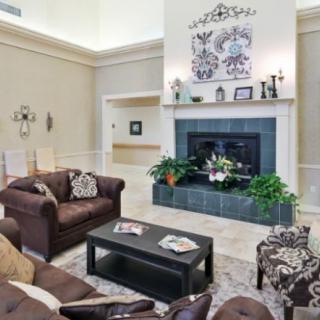 A cozy living room featuring a fireplace, comfortable sofas, and decorative elements.