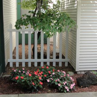 A charming corner garden featuring vibrant flowers and a quaint white picket fence.