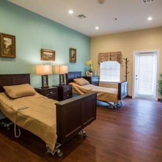 A well-furnished hospital room with two beds and tasteful decor.