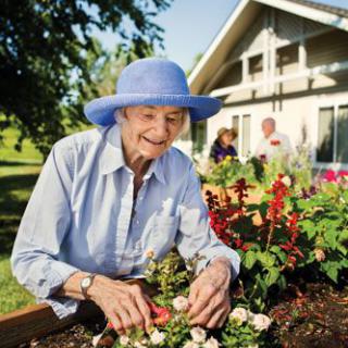 An elderly woman wearing a blue sun hat is happily tending to her garden in front of a house, surrounded by blooming flowers.
