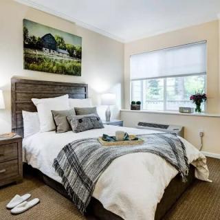 A cozy bedroom with stylish decor and comfortable bedding.