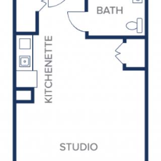 Floor plan of a studio apartment with kitchenette and bathroom.