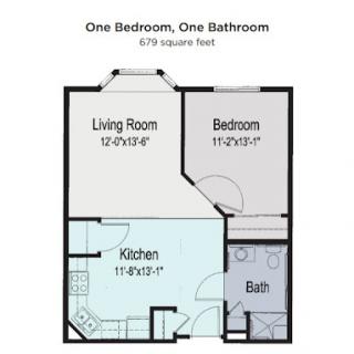 Floor plan of a one-bedroom, one-bathroom apartment.