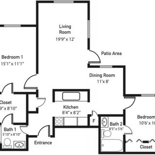 A floor plan of a two-bedroom apartment with labeled rooms and measurements.
