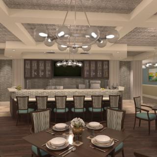 A modern dining room with a large table, stylish chairs, and an elegant chandelier.
