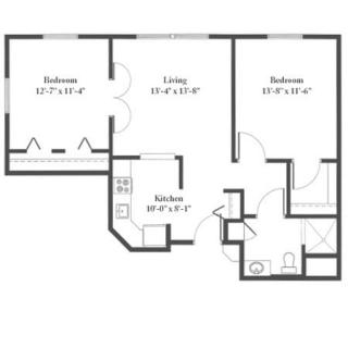 A floor plan of a two-bedroom apartment with labeled rooms.