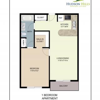 This image shows a floor plan of a one-bedroom apartment with a living area, kitchen, bathroom, and balcony.