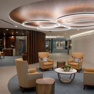 A modern lobby with comfortable seating and contemporary design elements.