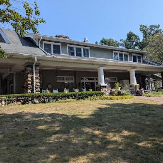 A spacious and elegant house surrounded by greenery under a clear blue sky.