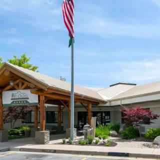 A hospital entrance with a flagpole in front and landscaped surroundings.