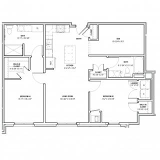 A detailed floor plan of an apartment, showcasing the layout and room arrangement.