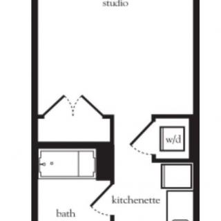A floor plan of a studio apartment featuring a kitchenette, bathroom, and open living area.